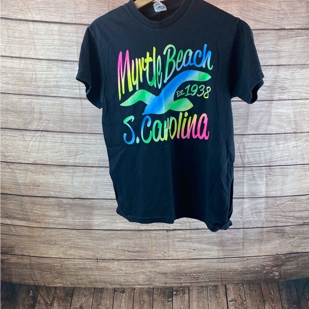 Delta Black T-Shirt with Neon Rainbow Myrtle Beach Script
